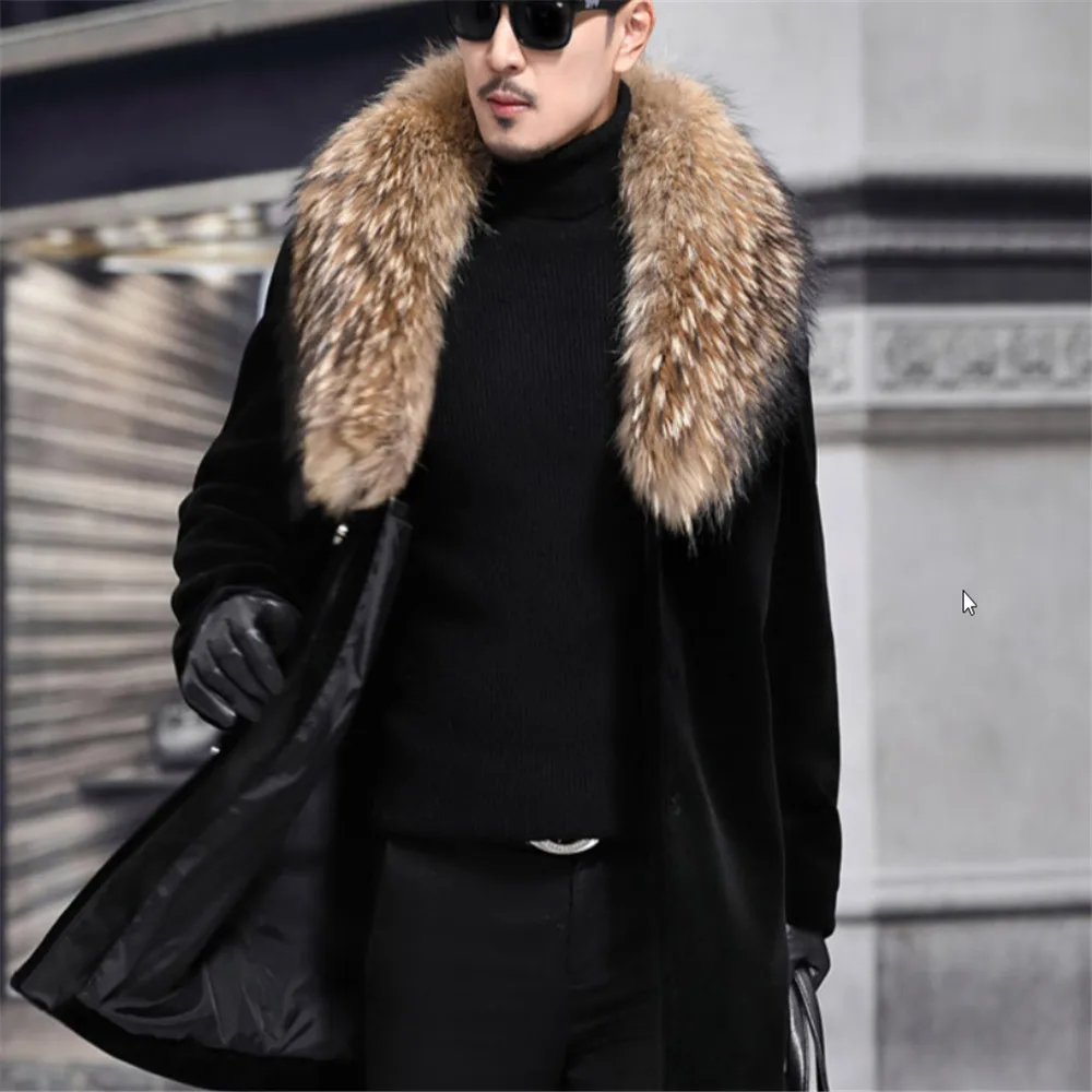 Осенне-зимняя модная мужская куртка с меховым воротником бархатная Толстая