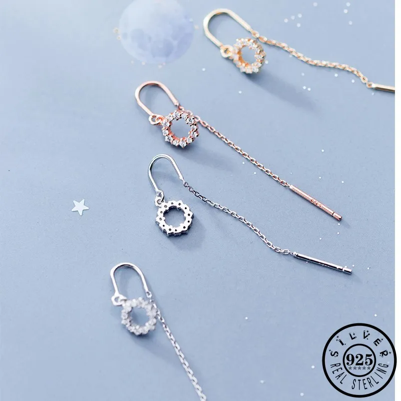 925 Sterling Silver Cubic Zircon Round Shape Statement Long Chain Rose Gold Color Plated Dangle Drop Earrings for Women | Украшения и