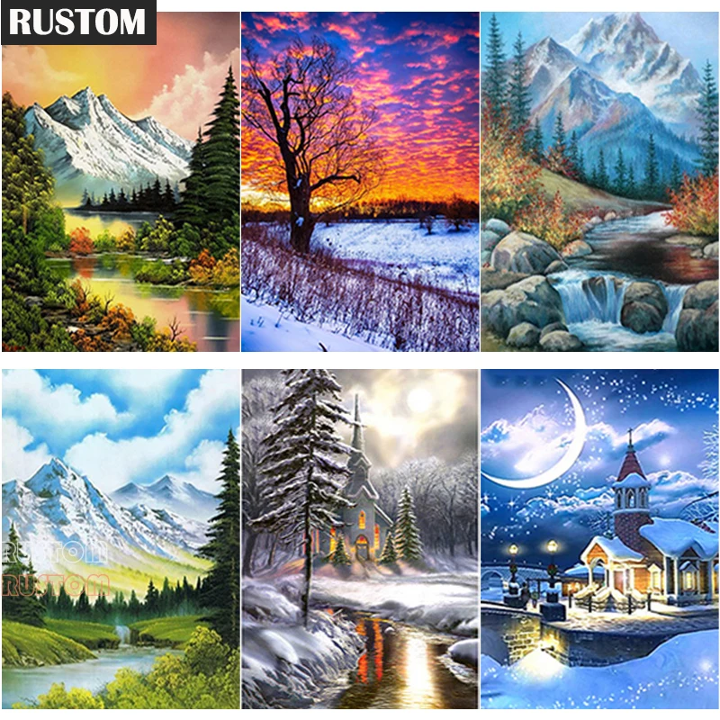 

RUSTOM DIY 5D Diamond Painting Gift Snow Scene Diamond Embroidery Snow Mountain Scenery Cross Stitch Full Square Round Drill Hom