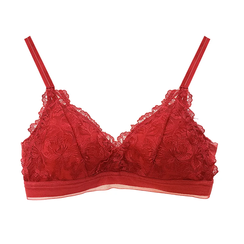 

French triangle cup lady underwear thin style bra beauty back show small chest gather lace bra woman