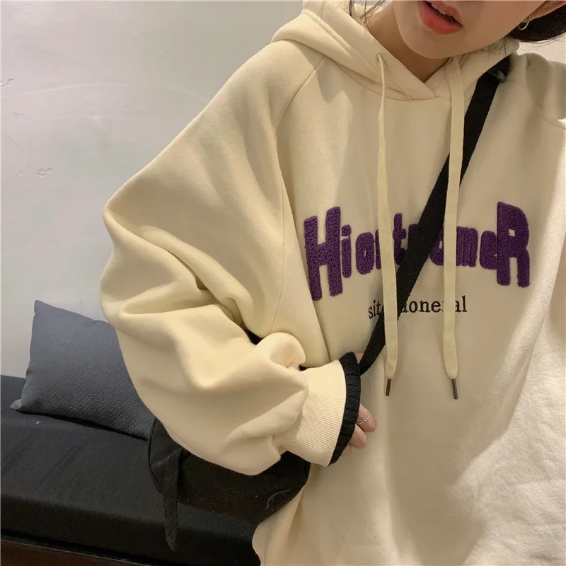 

ZOGAA New Plus Velvet Padded Hooded Sweatshirt Women Autumn And Winter Letters Loose Korean Style Streetwear Top Harajuku Hoodie