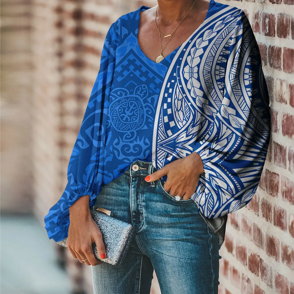 

Polynesian Tribes Custom Made Ladies Long Sleeve V-Neck Top Baby Blue Background Comfort Soft Ladies Casual Top