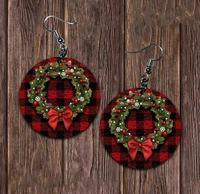 2022 wholesale new christmas creative leather print hoop christmas earrings red plaid print earrings