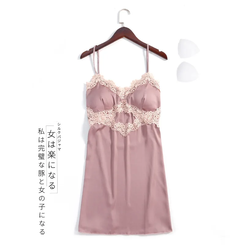 

Пикантные женские пижамы на бретелях, ночные рубашки с вышивкой, кружевная нагрудная подушка, Женская домашняя одежда из искусственного ше...