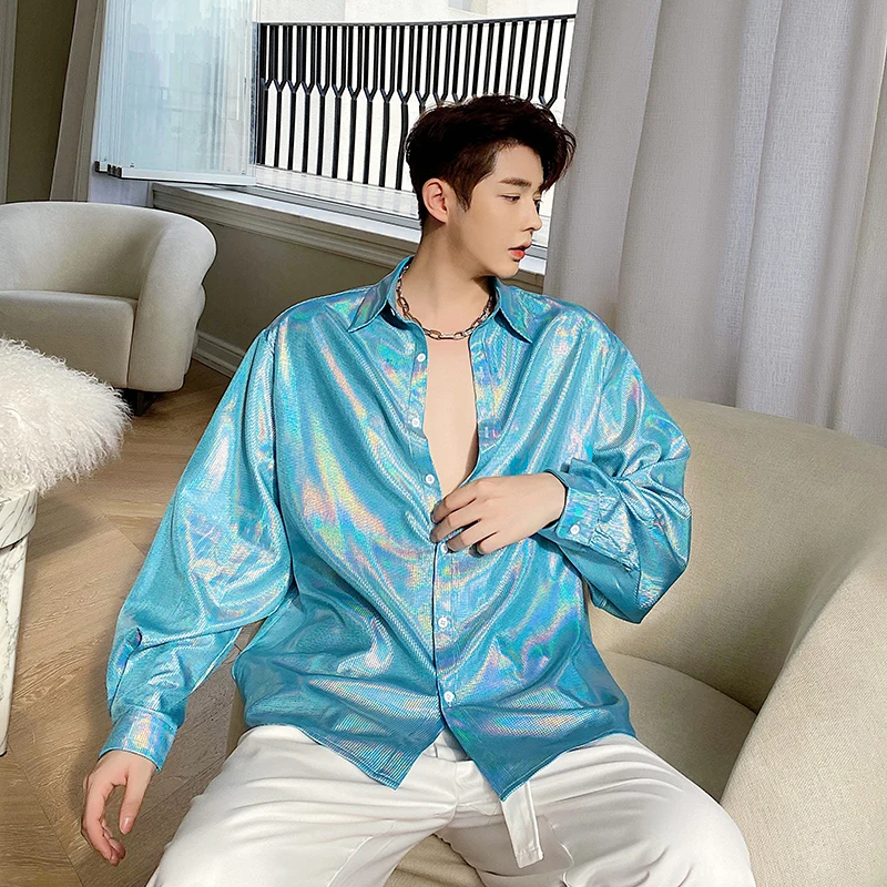 Голографическая рубашка радужного цвета блестящая с длинным рукавом мужская