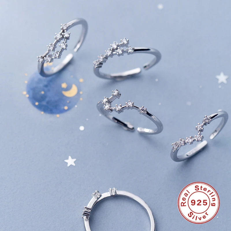 

GS 925 Sterling Silver White CZ Crystal 12 Constellation Opening Rings For Women Korean Style Dainty Ring Jewelry Gift For Her