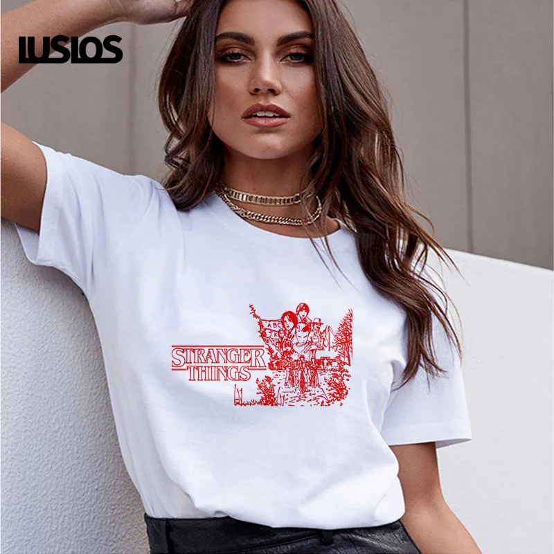 LUSLOS смешной фильм футболка Stanger вещи принт Для женщин летние шорты рукав Повседневное белая футболка с круглым вырезом топы для женщин Harajuku футболки для девочек