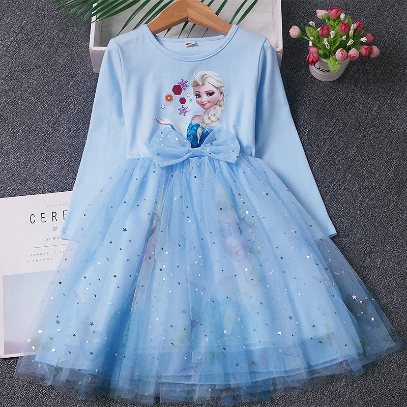 

Autumn Party Dresses for Girls Frozen Snow Queen Elsa Long Sleeve Princess Dress Birthday Outfits Vestidos Bow Tie Mesh Costume