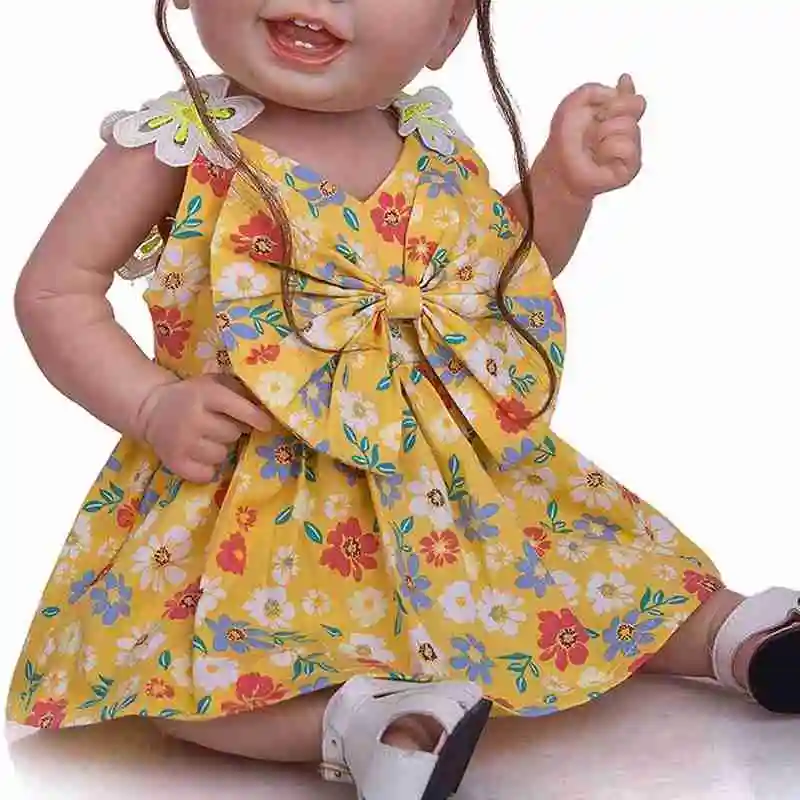 

Smiling Blue Dress Pink Bow Silicone Eyes Closed Baby Cute Silicone Doll Baby Smiling Face Happy Girl Reborn Collectible Doll