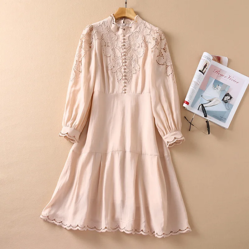 

European and American women's wear new autumn 2022 Long sleeve lantern sleeve Hollow out pink Fashion dress
