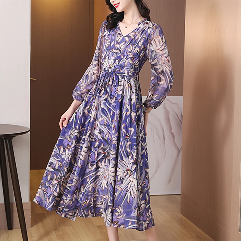 

Spring Autumn Purple Floral Chiffon Boho Midi Dress Women Korean Vintage Long Sleeve Bodycon Dress Elegant Casual Party Vestidos