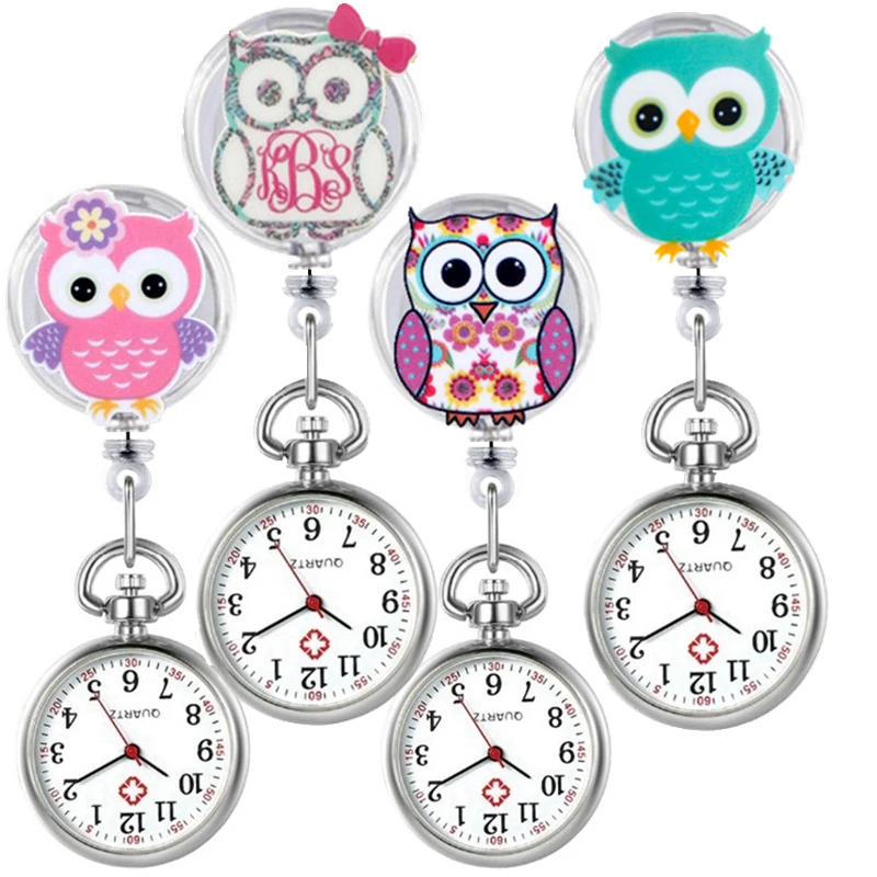lovely cute beautiful owl nurse women ladies doctor hospital pocket watches Clip Brooch Retractable Badge Reel quartz gift clock |