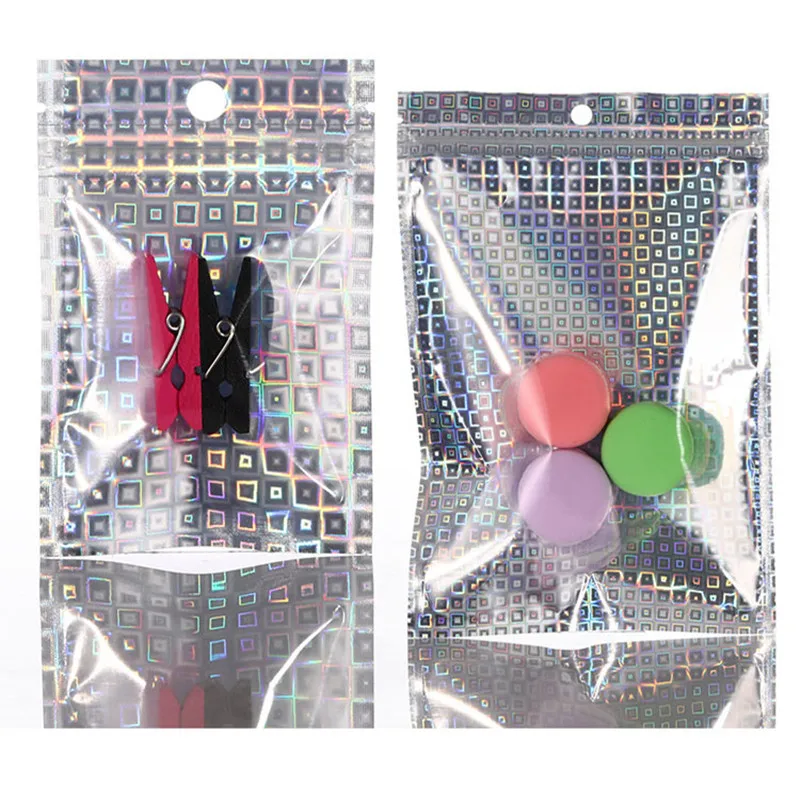 

100PCS Clear Laser Zip Lock Bags Plastic Stars Checkered Pattern Repeatable Pouches Jewelry Candy Gradient Rainbow Packaging Bag