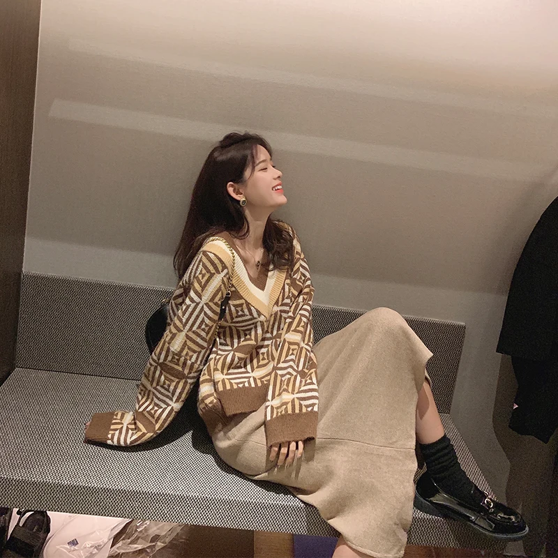 Женский толстый свитер Mishow повседневный свободный клетчатый пуловер с длинным