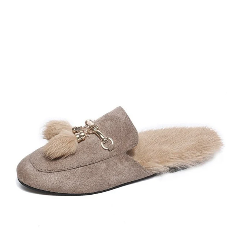 khaki pendant Женские тапочки; теплые плюшевые тапочки с меховой цепочкой; женские шлепанцы; коллекция года; женские меховые тапочки; модные шлепанцы без застежки с кроличьей шерстью - Цвет: khaki pendant