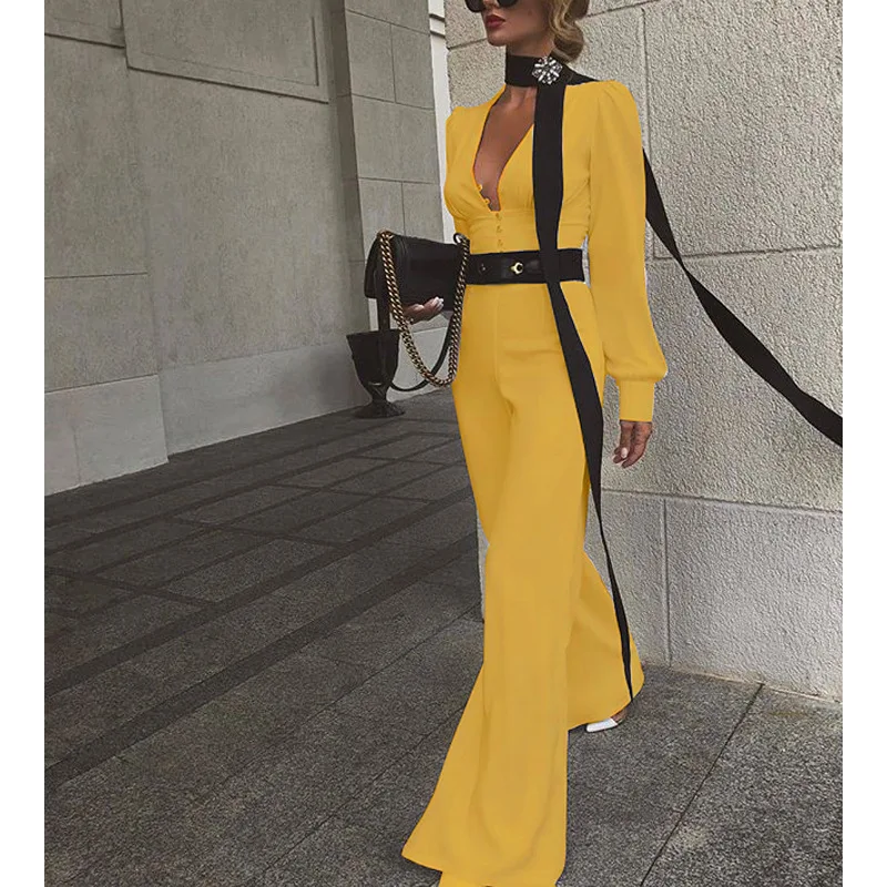 

2019 Solid Color Puff Sleeve deep V-neck Wide leg slim jumpsuit for women