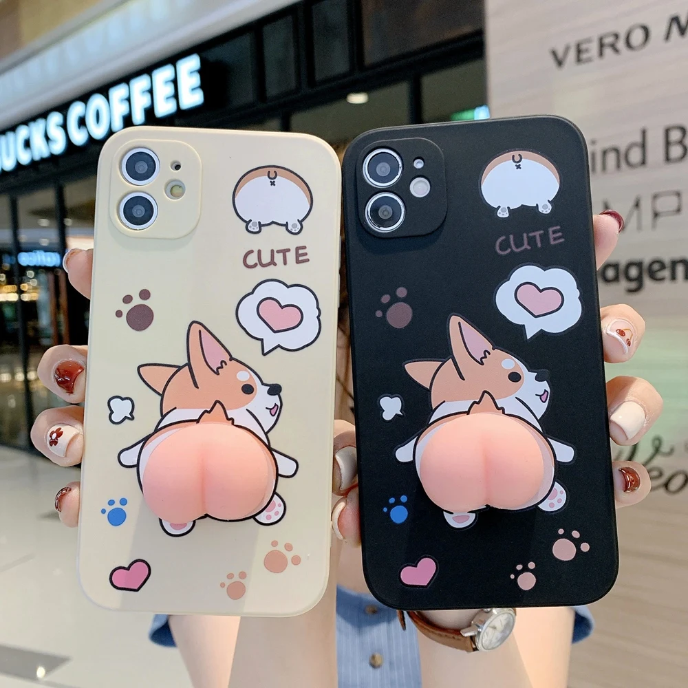 

Squishy Funny Buttocks Corgi Phone Case For iPhone 13 12 11 Pro Max XR XS X 7 8 Plus SE 2020 Cute 3D Stress Reliever Soft Cover