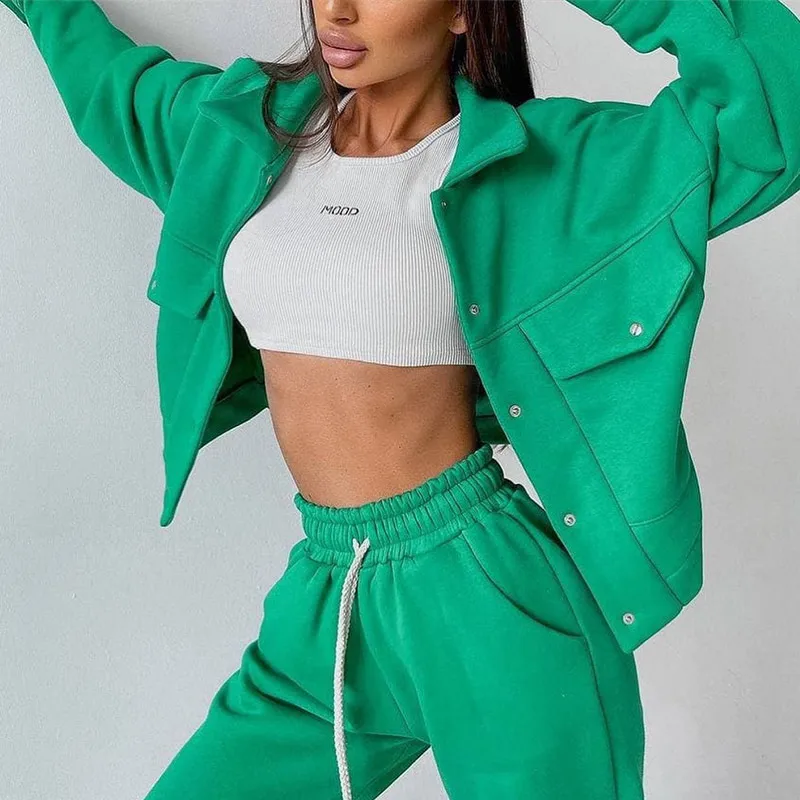 

Fashion Sports Suit Women's 2021 Spring Autumn Warm Oversize Single Breasted Coats Drawstring Pants Two Piece Sets Tracksuits