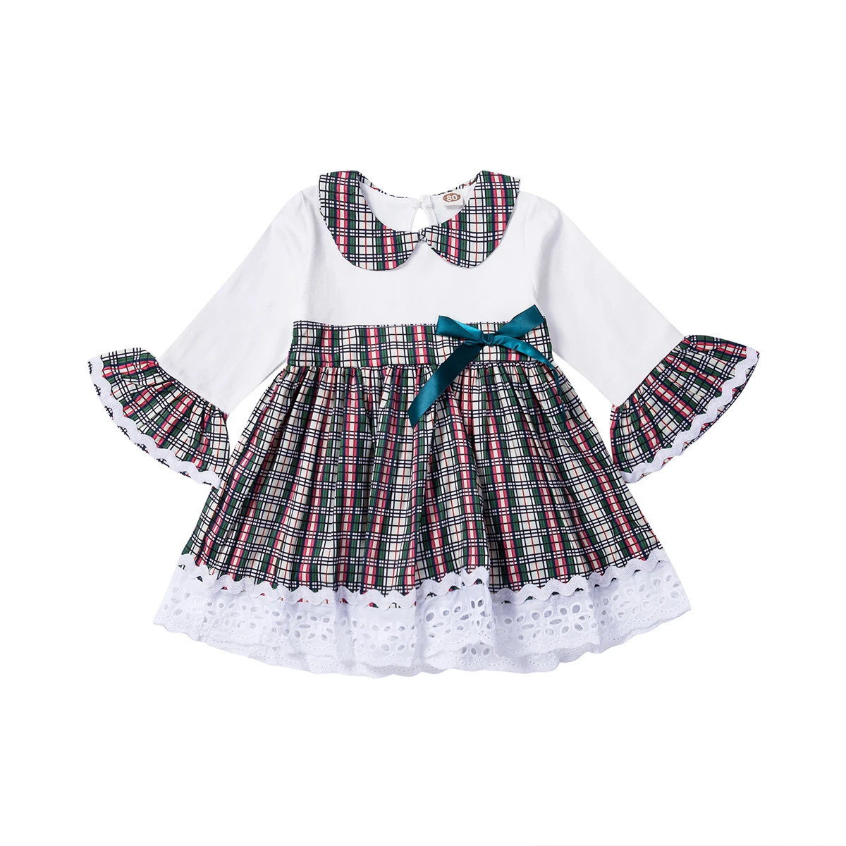 Girls Dress Half Sleeve Peter Pan Collar Vintage Princess Party Lace Flared Plaid Dresses Toddler Kids Infant Baby | Детская одежда и
