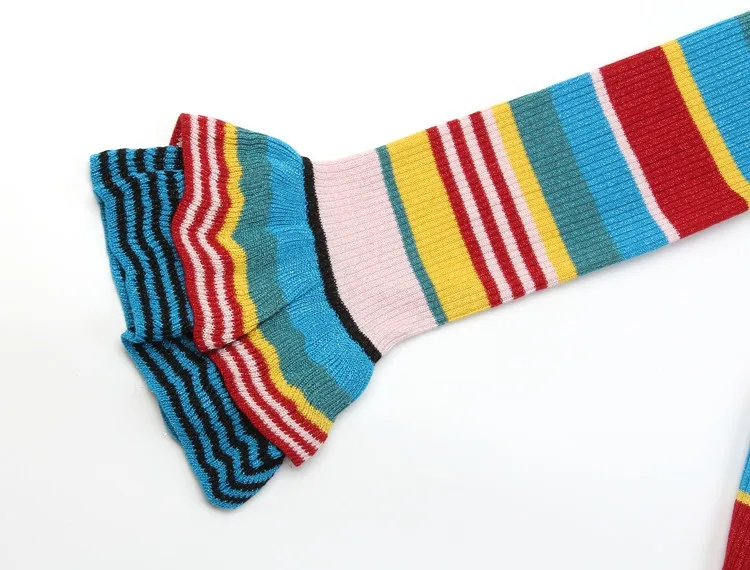 

Lurex Rainbow Striped Knit Cardigan Women Flare Sleeve Korean Casual Soft Jersey Sweater O Neck Ruffles Sweet Knit Top Jumper