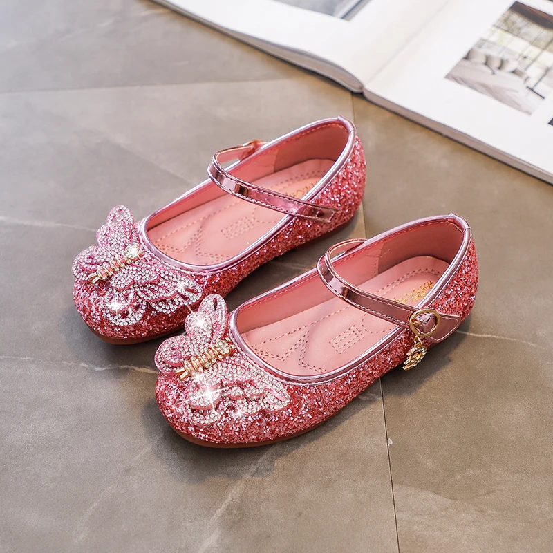

Children girls Bling butterfly crystal shoes Flat princess dance party Shoes free gift Crown 26-35 7619-668TX03