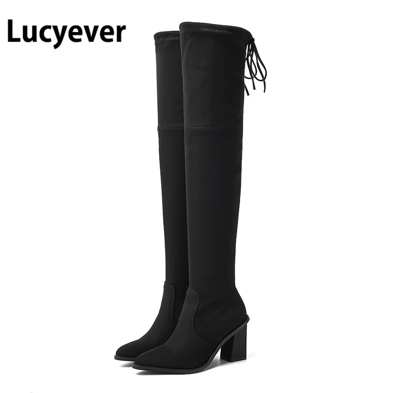 Lucyever Sexy Slim Elastic Flock Over The Knee Boots Women 2020 Autumn Winter High Heel Long Thigh Botas Mujer Big Size | Обувь