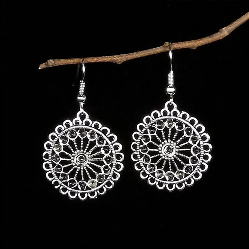 

Trendy Jewelry Bohemian Vintage Ethnic Tibetan Silver Long Big Hollow Round Drop Earring Carved Flowers dangle Earrings Women
