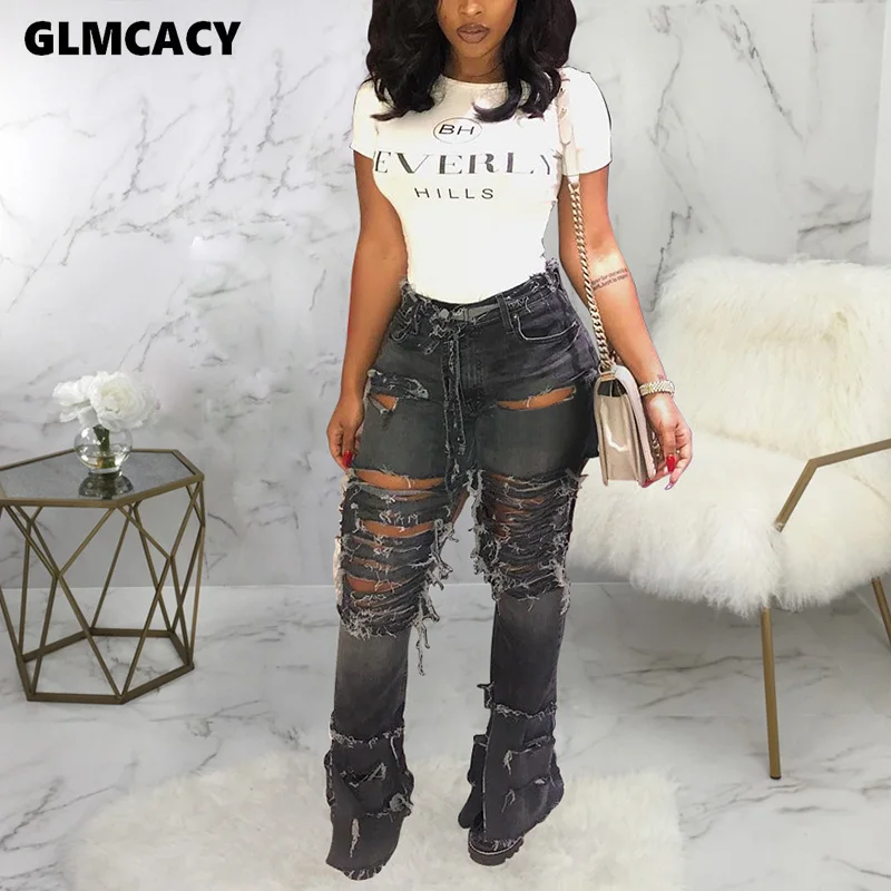 Женские рваные джинсовые брюки с высокой талией винтажные потертые обтягивающие