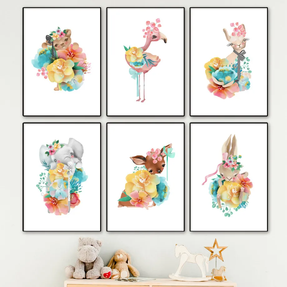 

Flowers Flamingo Elephant Rabbit Cartoon Wall Art Canvas Painting Nordic Posters And Prints Wall Pictures Baby Kids Room Decor