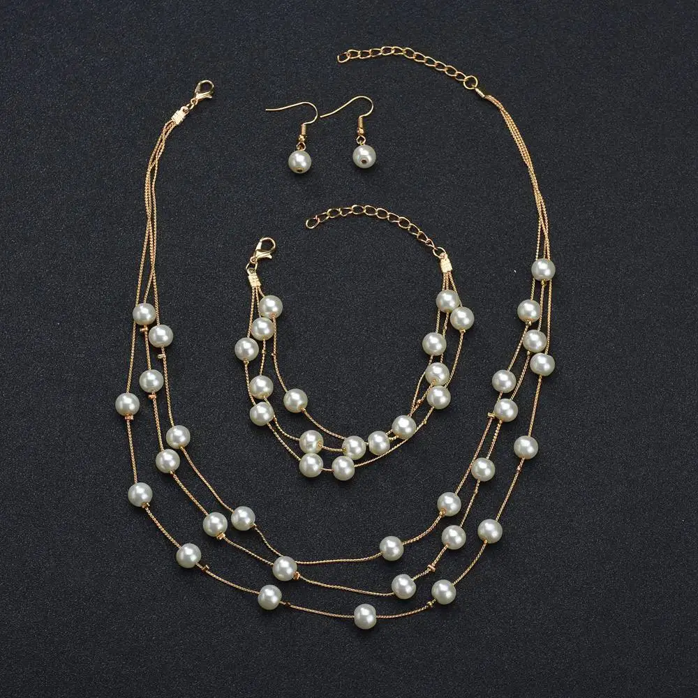 Imitation Pearl Jewelry Set Simulated Pearl Double Layer Women Earrings Necklace Bracelet Sets for Wedding N271