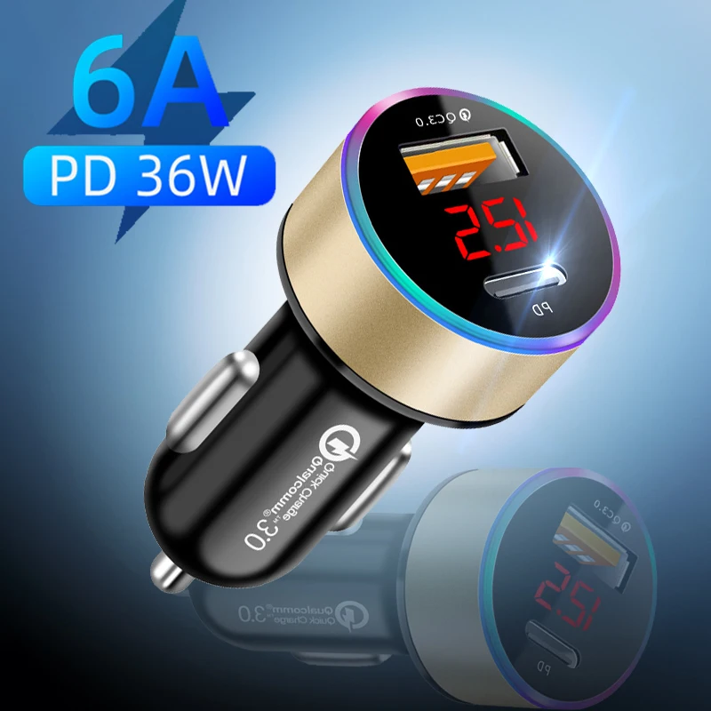

36W 2 Port USB PD Car Charger Mobile Phone LED Digital Display Car Cigarette Lighter Adapter For iPhone 12 Pro Max Xiaomi Huawei