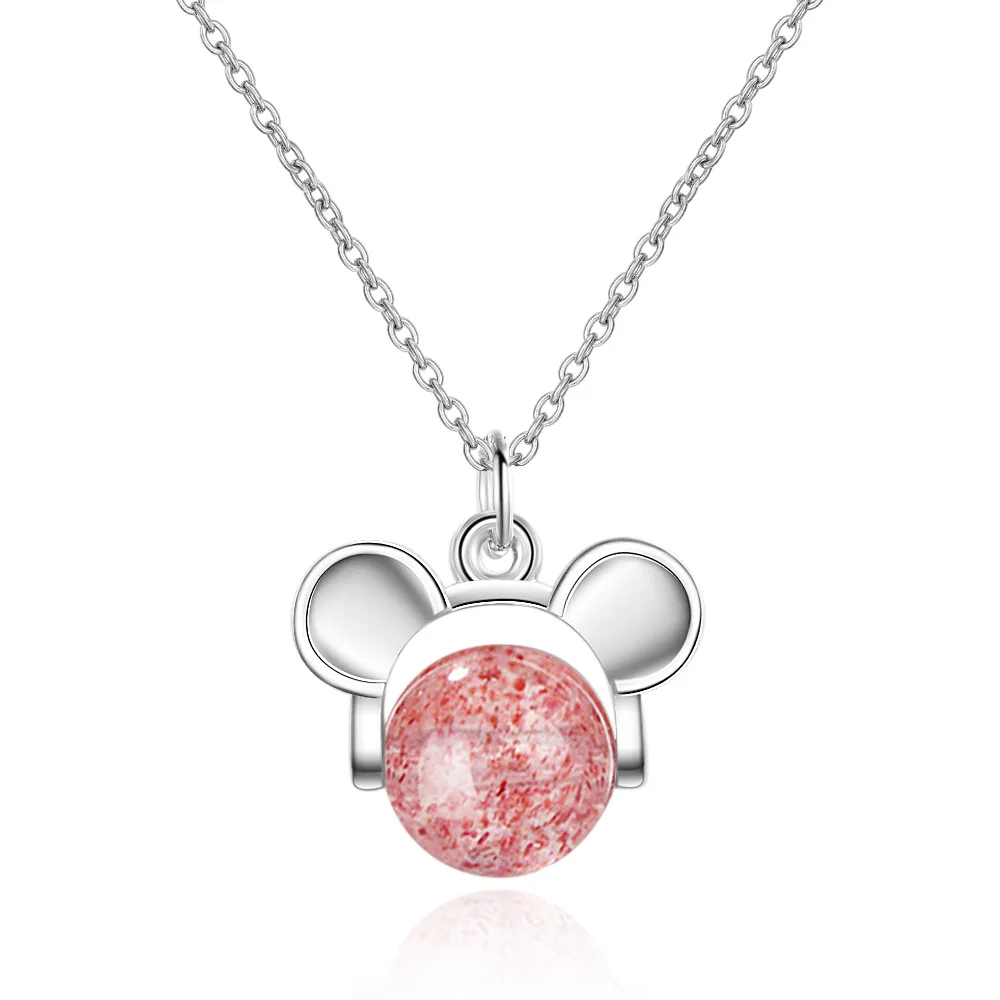 

Pink Mouse Animal Strawberry Crystal Pendant Necklace For Women 925 Sterling Silver Simple Short Clavicle Chain Dainty Jewelry