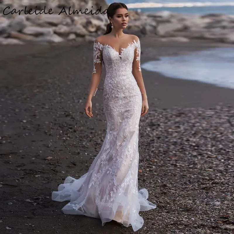 

Vestido noiva Sheer Tulle Back Long Sleeves Mermaid Wedding Dress with Unique Lace Appliques Sexy Wedding Gowns