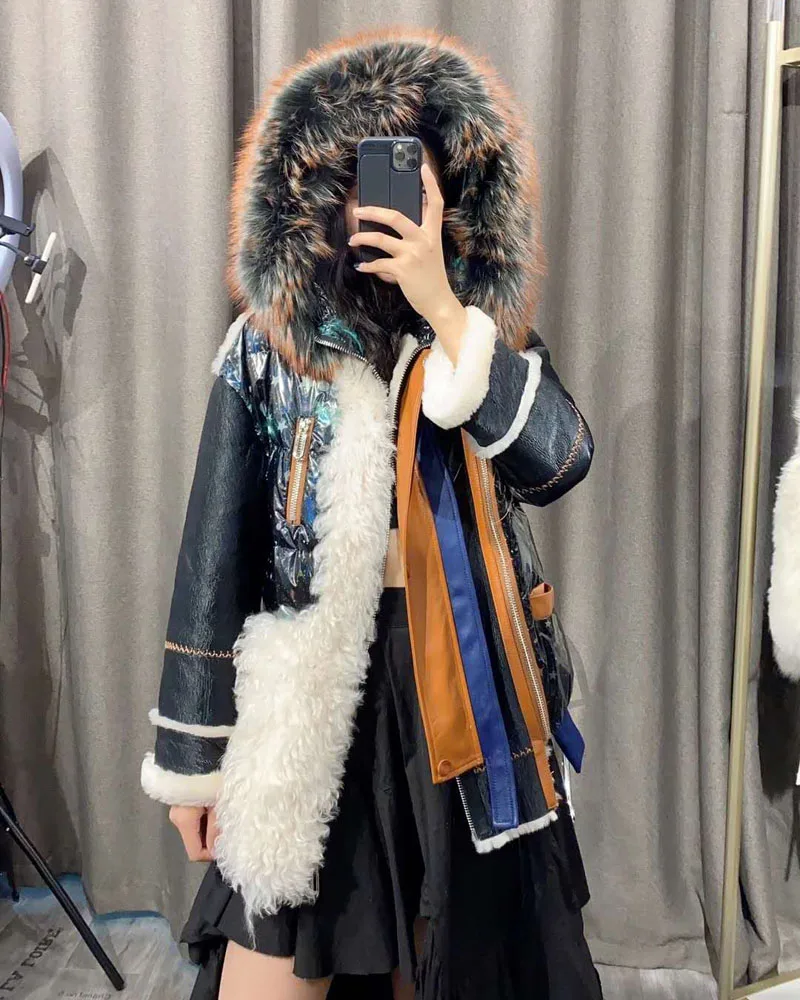 

Women High Coat Quality Winter 2021 Down Jacket Hooded Real Raccoon Dog Fur Natural Sheep Wool Thick Warm Colorfur Clothes