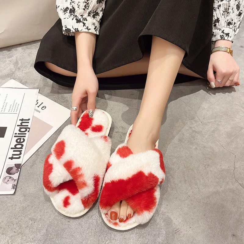2021AutumnAnd Winter New Cow Pattern CrossPlushSlippers Female Flat-bottomedHousehold PlushCottonNon-SlipWear-Resistant Slippers