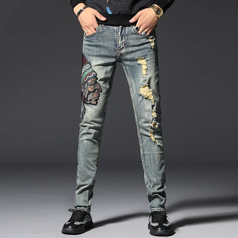 

Men’s Ripped Slim Jeans,Hard Washed With Embroidery&Distressed Decors Denim Pants,Cool&Stylish,Young Guys Must;