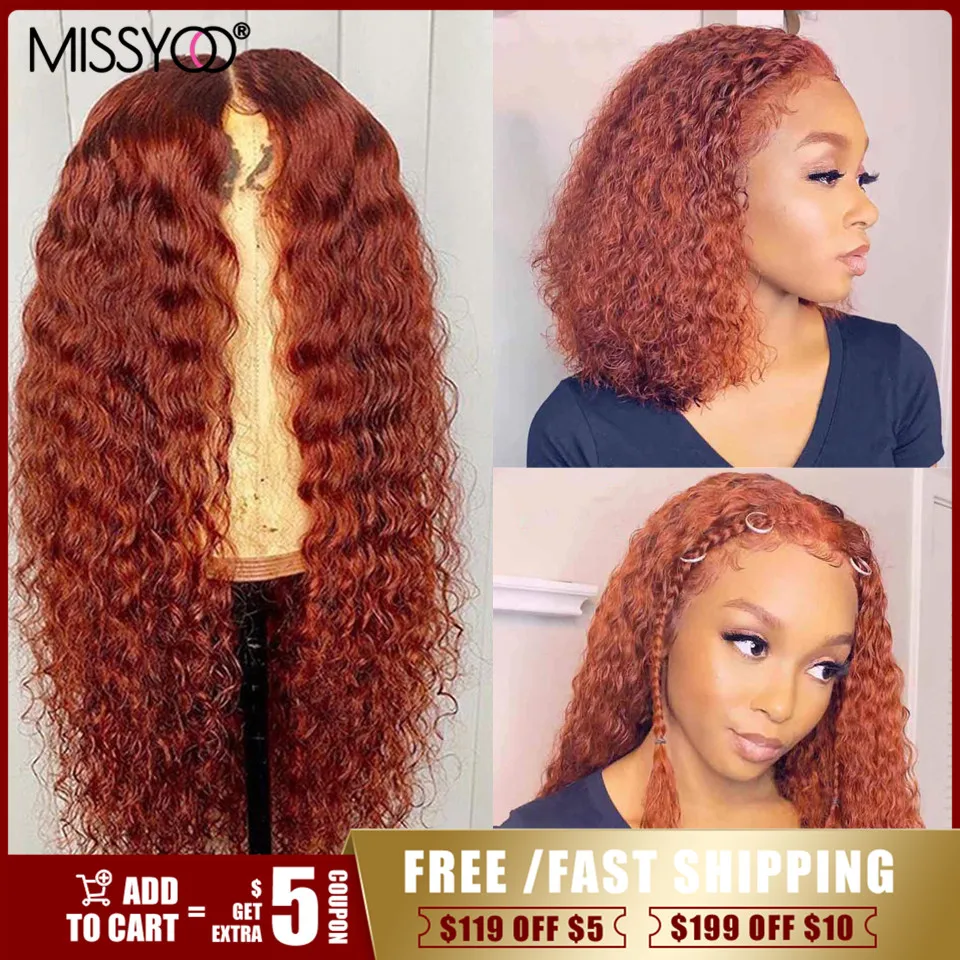 

MISSYOO Orange Colored Human Hair Wigs Brazilian Hair Wigs Deep Wave Curly Wig Transparent lace 13x1 T Part Lace For Black Women