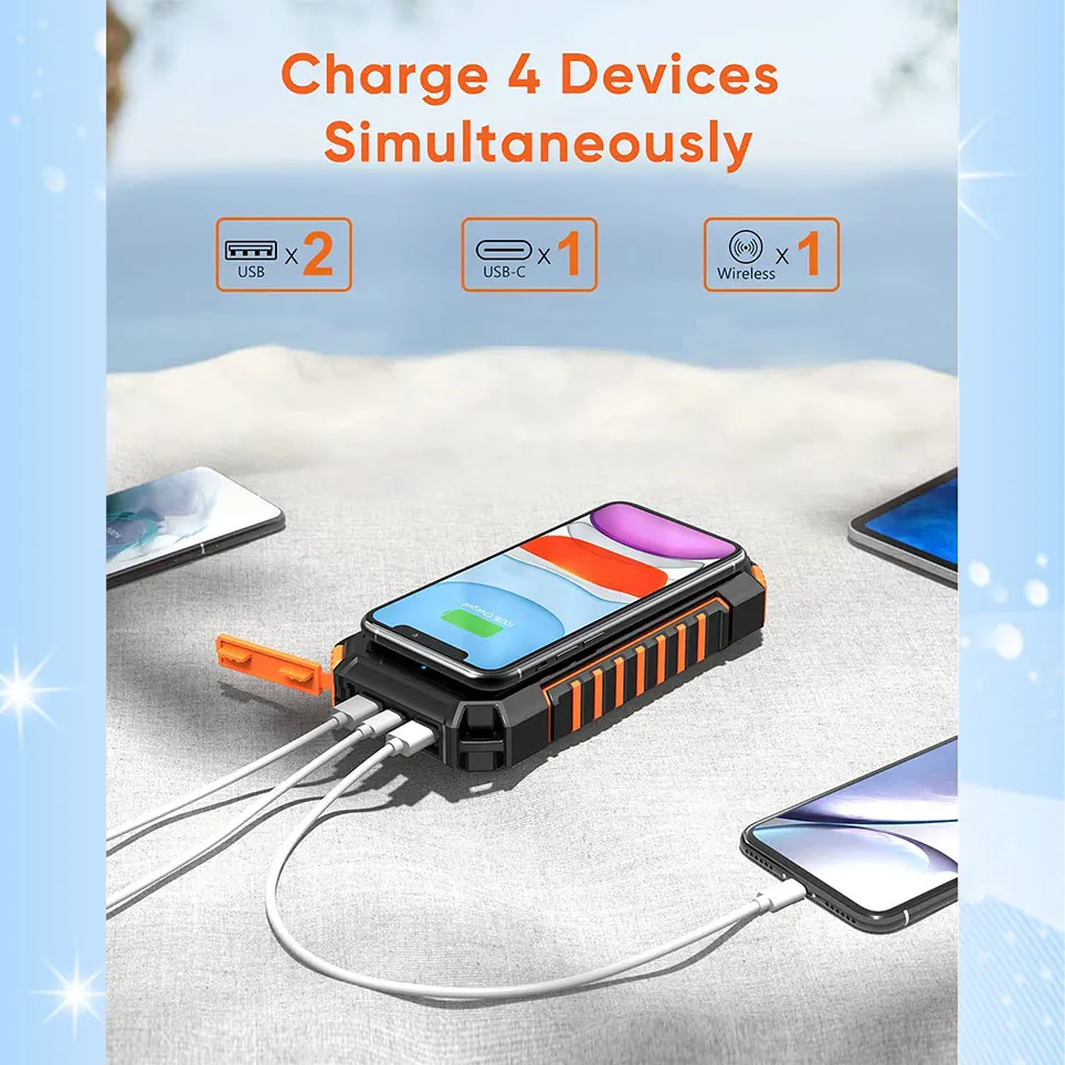 

Зарядное устройство на солнечной батарее Riapow, 2021 мАч, 4 выхода, USB C, быстрая зарядка, беспроводное портативное зарядное устройство Qi светодио...