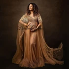 Изысканное Тюлевое платье для беременных с бисером и перьями Длинная накидка прозрачные сетчатые платья для беременных с V-образным вырезом Индивидуальный Пошив