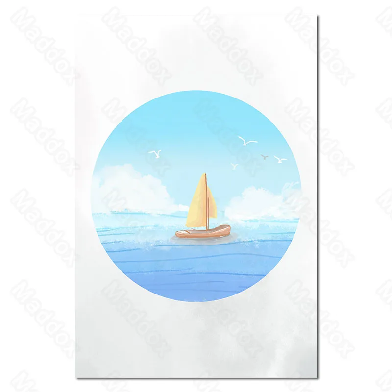 

Modern Home Decor Small Fresh and Simple Cartoon Wall Painting Seaside Scenery Boy and Girl Bedroom Wall Painting Mural