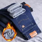 Мужские теплые джинсы стрейч, зимние Фирменные Штаны на флисе, 2021, прямые мужские брюки