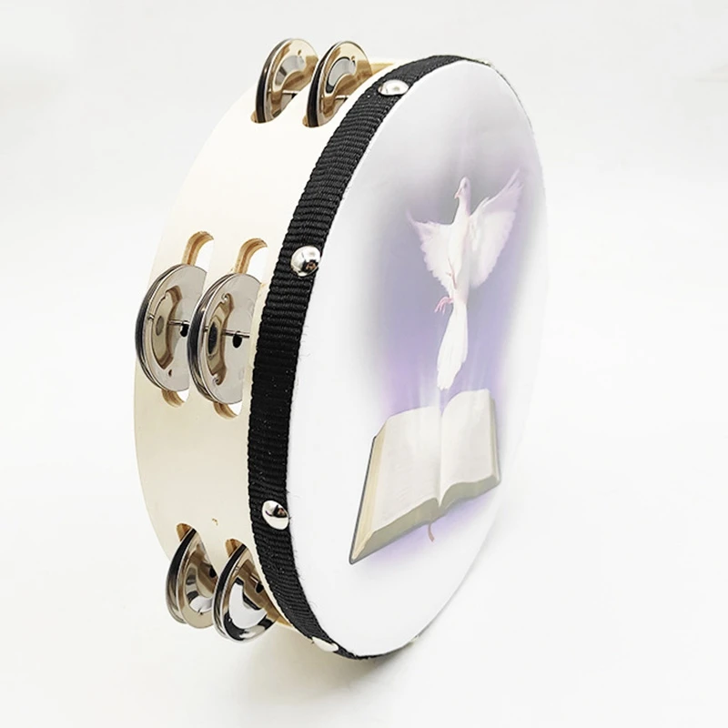 Double Row Jingle Tambourine Hand Bell Clap Drum Percussion Instrument with Dove &amp BIBLE Pattern 8 Inches | Спорт и развлечения