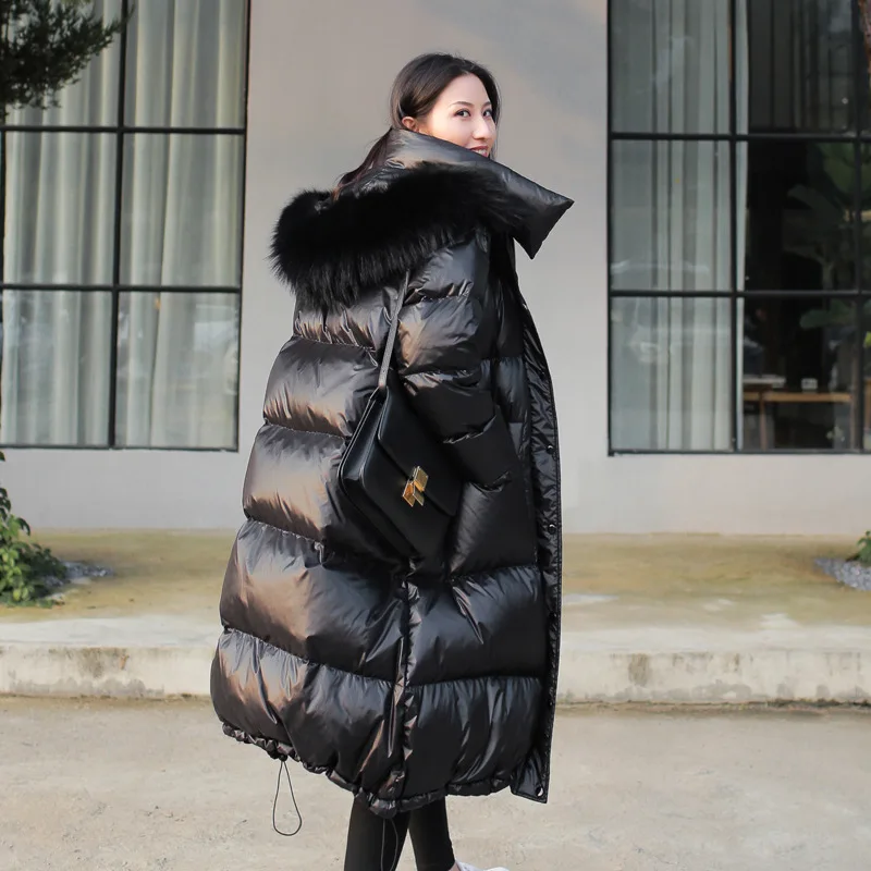 

Women Winter Down Hooded Coat Fashion Fur Collar Long Parkas Female Loose Thick Warm Outwear Female Loose Down Coat