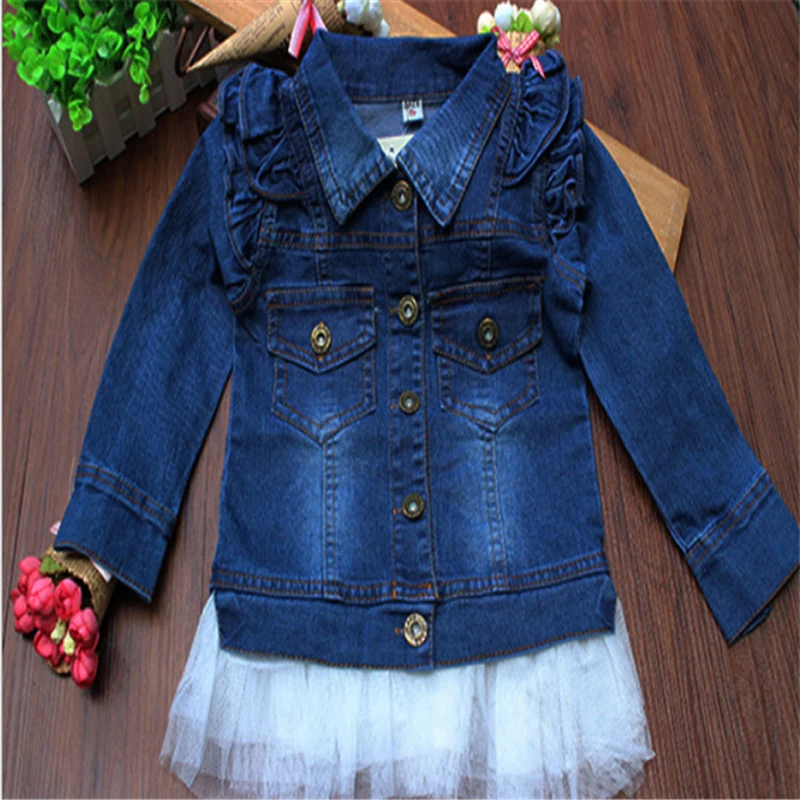 Kids Jean Jacket Princess Girls Spring Autumn Cardigan Lace Coat Ruffles Boutique Cotton Denim Outerwear Clothes | Детская одежда и