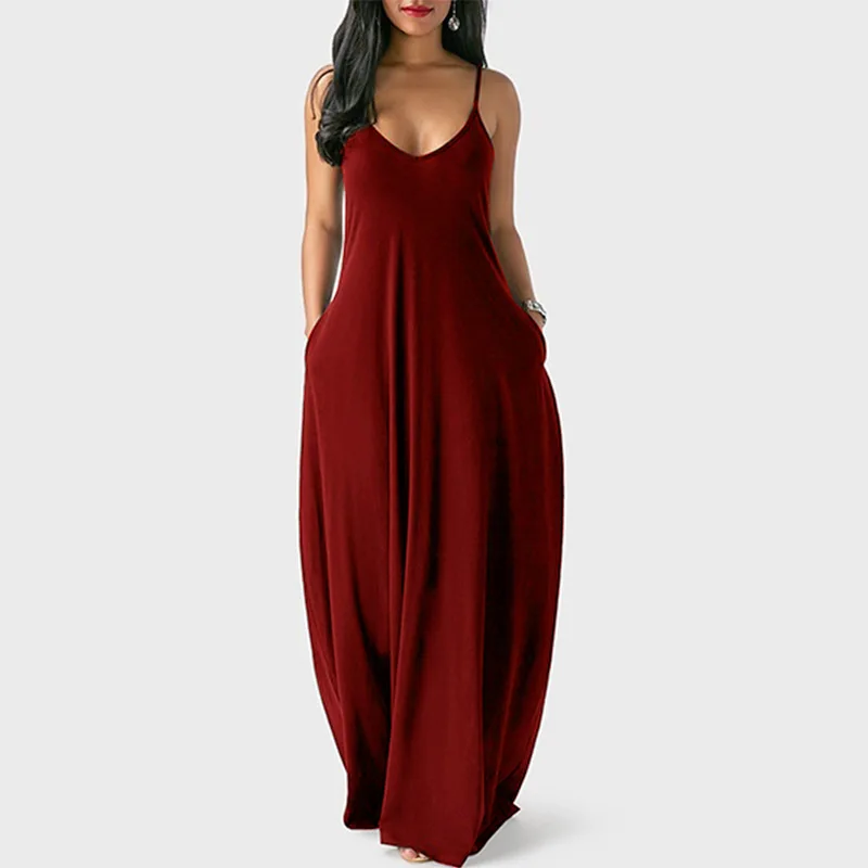 

2021 summer new plus size women's solid color sexy deep V suspender long skirt