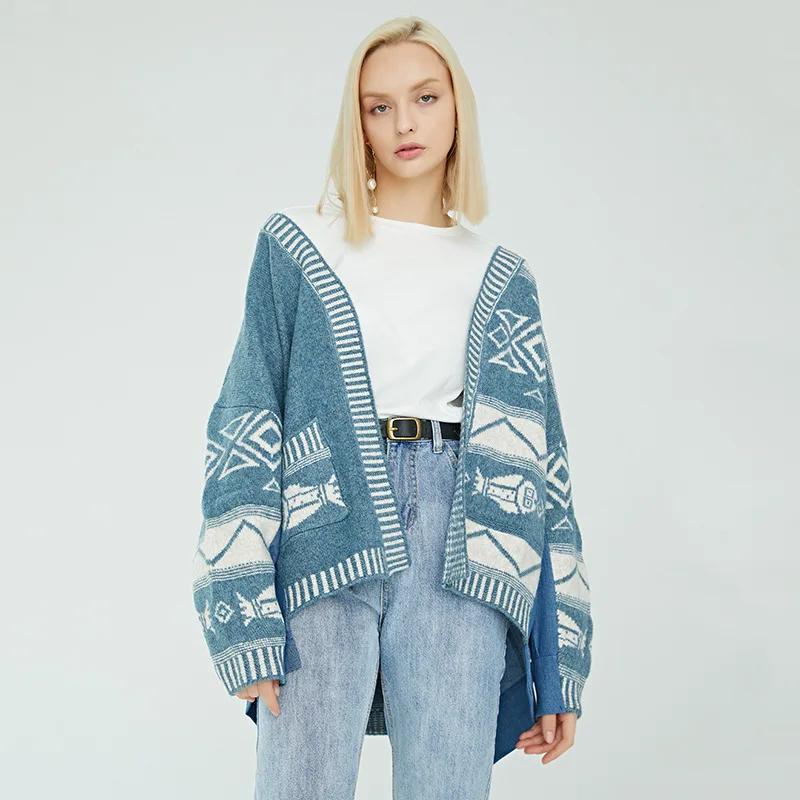 Christmas Print Long Cardigan Korean Irregular Jeans Patchwork Sweater Women Tops Sweaters Autumn Winter Cute Qq008 |