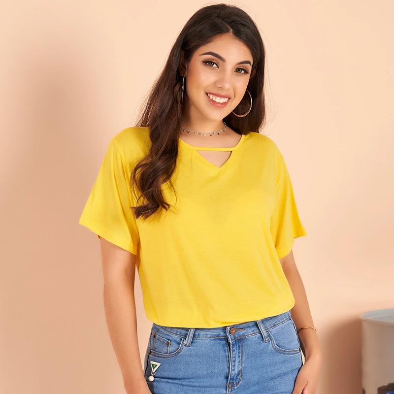 

Summer New Product All-match Solid Color V-neck Hollow Comfortable Loose Yellow Loose Ladies T-shirt
