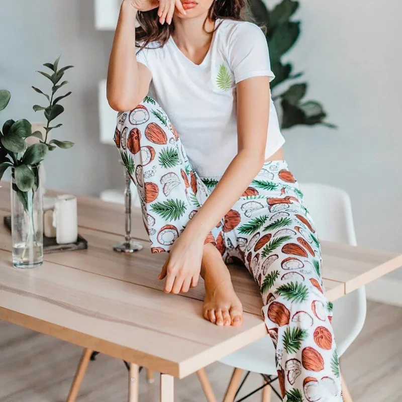 

Summer 2021 New Style Women's Home Printing Round Neck Short-sleeved T-shirt Trousers Comfortable Pajamas Casual Cute Pajamas