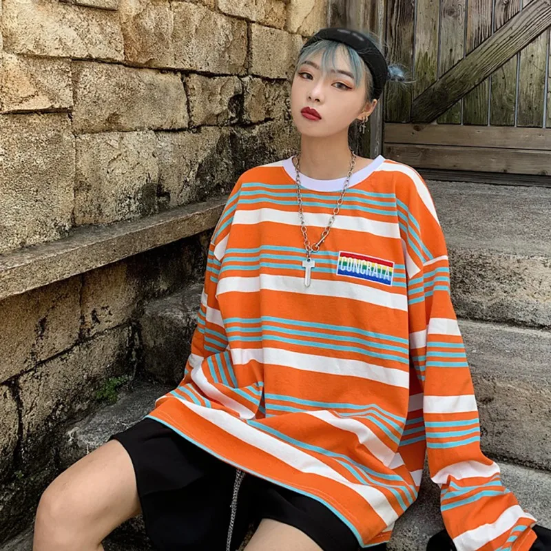 Футболки для женщин полосатая рубашка свободная круглый воротник летняя в