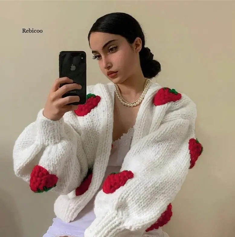 

Strawberry Christmas Cardigan Sweaters for Women Elegant Single Breasted Loose V-Neck Women Sweaters Coat Autumn Winter New